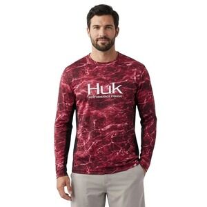 Huk Shirt Mens Large Red Water Print Mesh Back Long Sleeve Performance Fishing